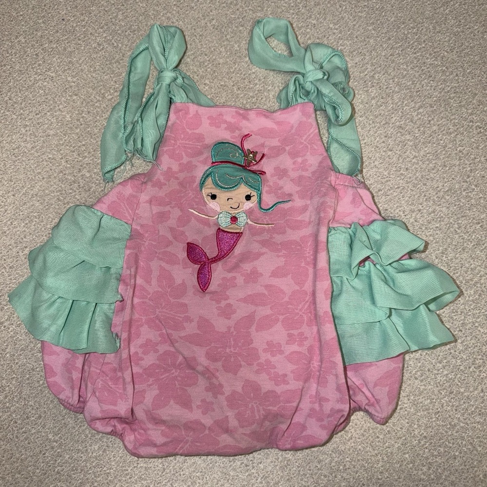 Ricrac & Ruffles Pink Mint Bubble 6-9 Months  Romper Mermaid Embroidered Beach